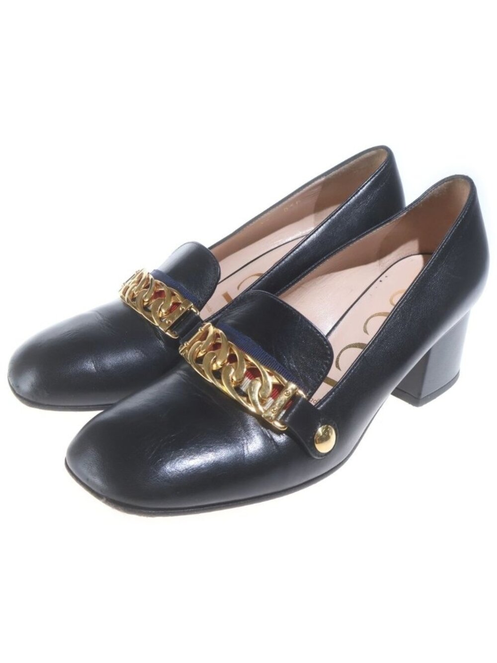 Gucci Sylvie Gold Chain Tricolor Wedge Heels Pumps Black